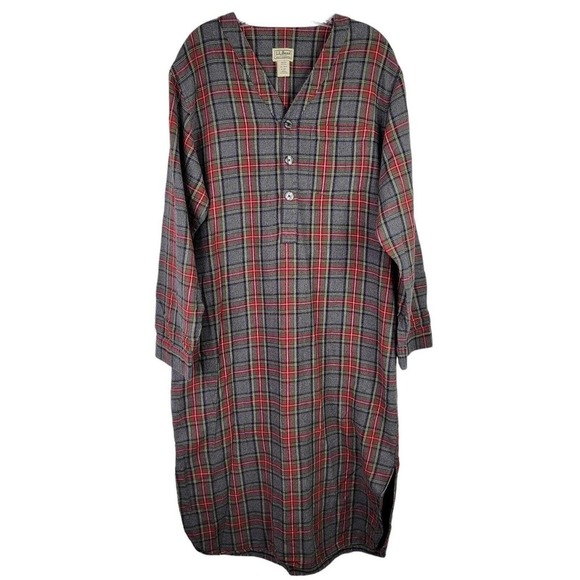 Vintage LL Bean Night Shirt Adult Medium Red Plaid Sleep Gown Flannel Mens PJs - Picture 2 of 10